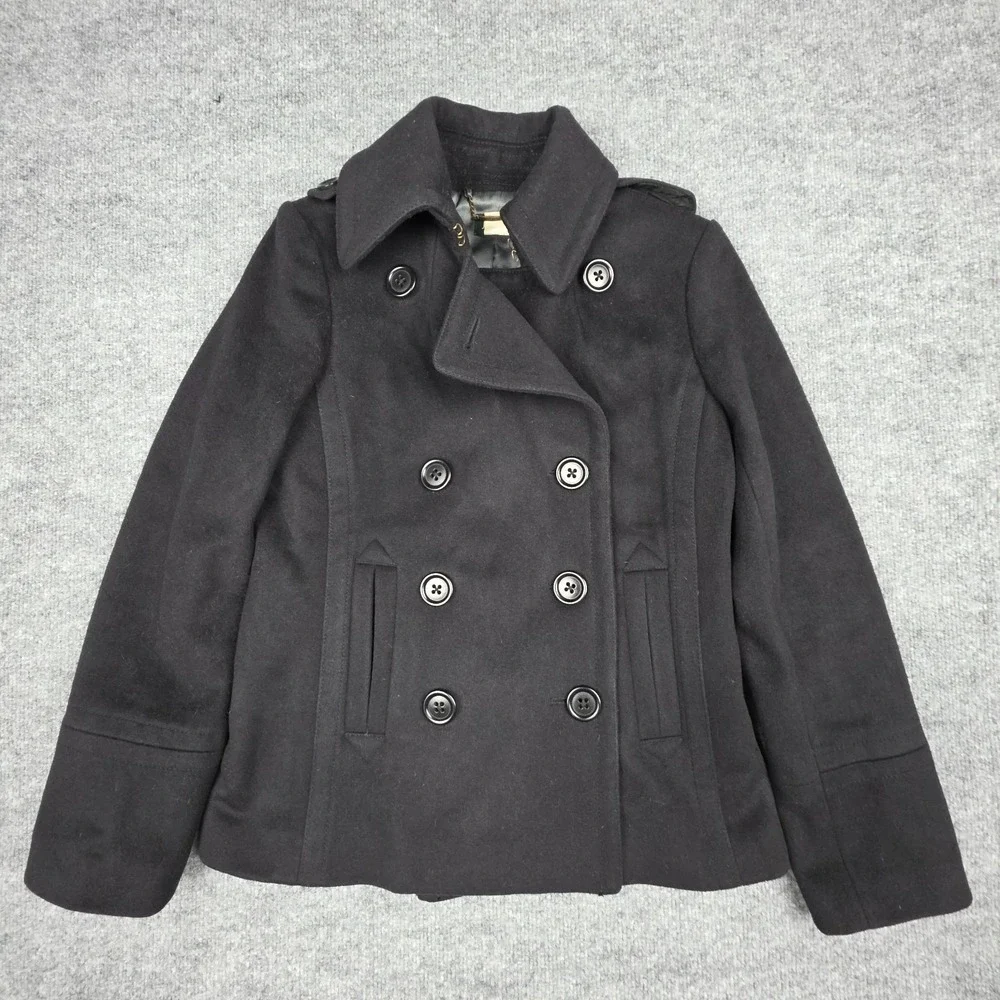 J Crew Wool Pea Coat Women's XS Black Double Breast Six Button Lined Thick - Picture 1 of 9